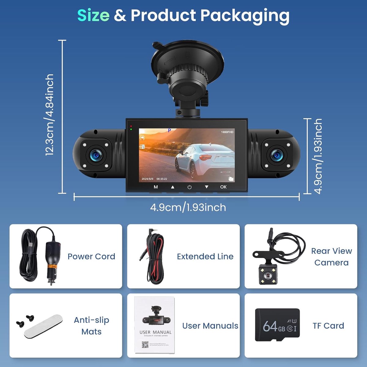 Dashcam voor auto voor en achter – Dual dashcam – Voor- en achtercamera – Autocamera – Full HD dashcam – Dashcam met nachtzicht – Dashcam met bewegingssensor – Groothoeklens – Parkeermodus – Loop recording – Dashcam met SD-kaart – foto 5