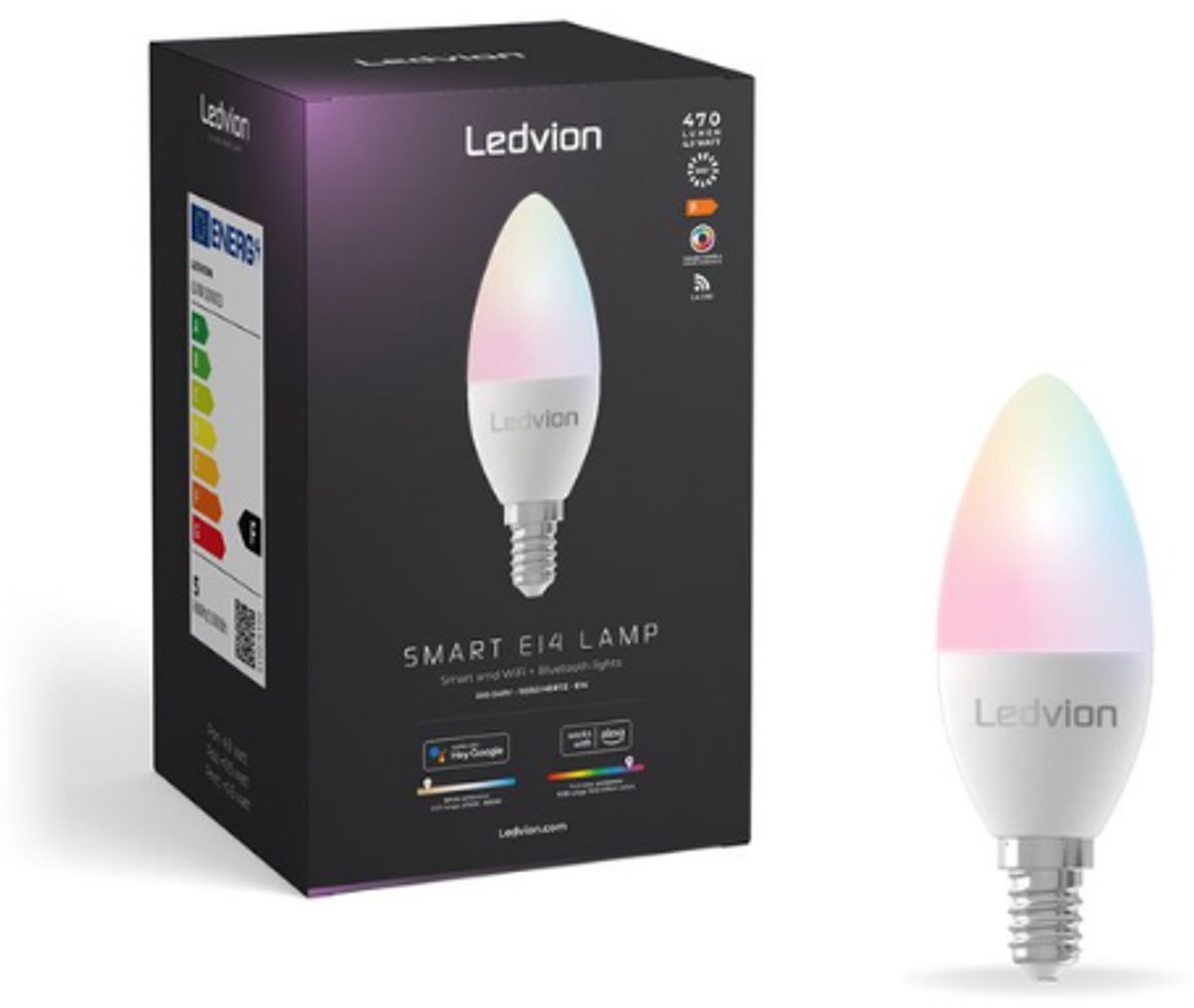 Smart E14 Lamp - Ledvion RGB+CCT - Verbind met Wifi en Bedien Via App - Dimbaar - Lange Levensduur - Energiesparend