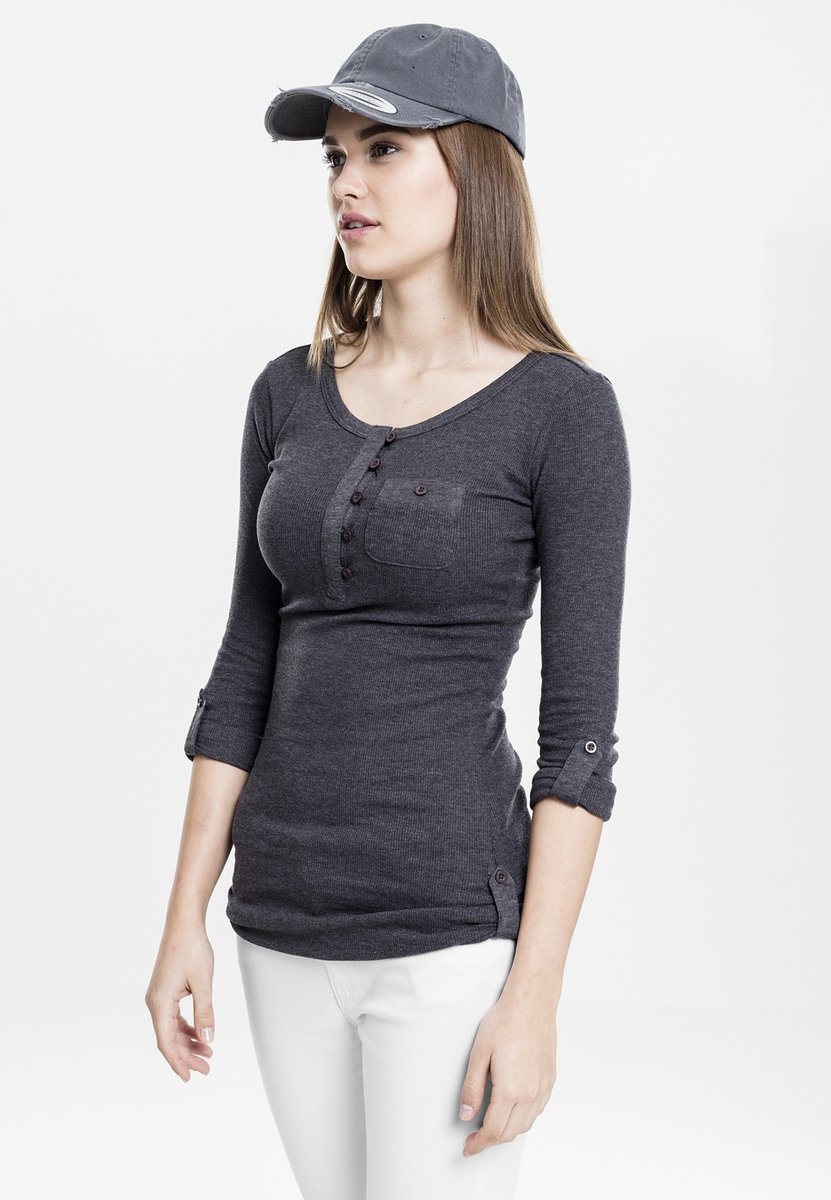 Urban Classics Long Rib Pocket Turnup Tee Dames Shirt met lange mouwen M Zwart
