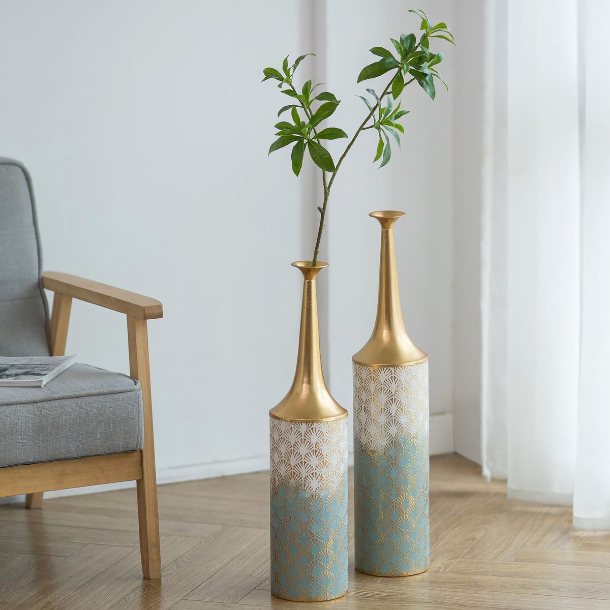 Metalen Vloervaas - Hoog - Blauw en Goud - 60 cm - Set van 2