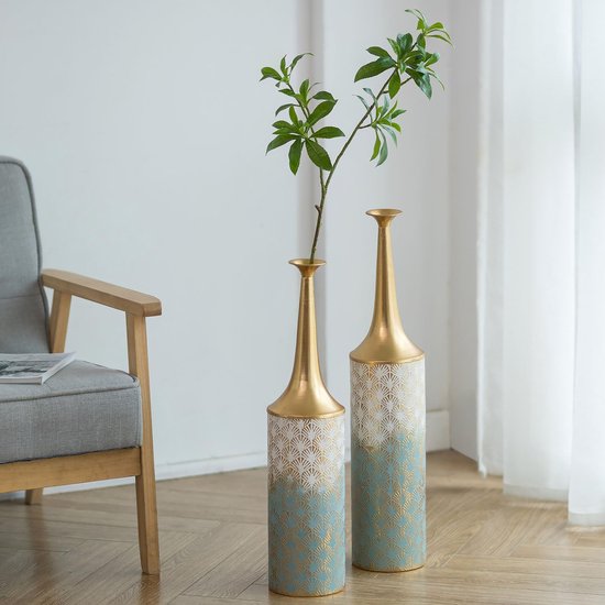 Sziqiqi Extra Grote Vloervaas - 66/60cm Vintage Hoge Vloervaas Set van 2 Grote Blauwe Boerderij Bloemenvaas voor Woonkamer Metalen Vazen met Smalle Hals voor Pampasgras Kunstplanten Takken