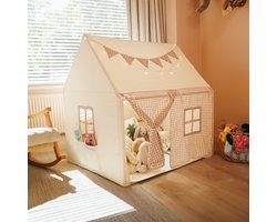 NOVOB® Speeltent - Kinder tent Jongens & Meisjes - Speelhuis voor Binnen - Kinderspeelgoed 3 t/m 8 jaar- Incl. Zachte Mat met Verlichting, 2 Vlaggetjes & Opbergvakken - Beige/Bruin