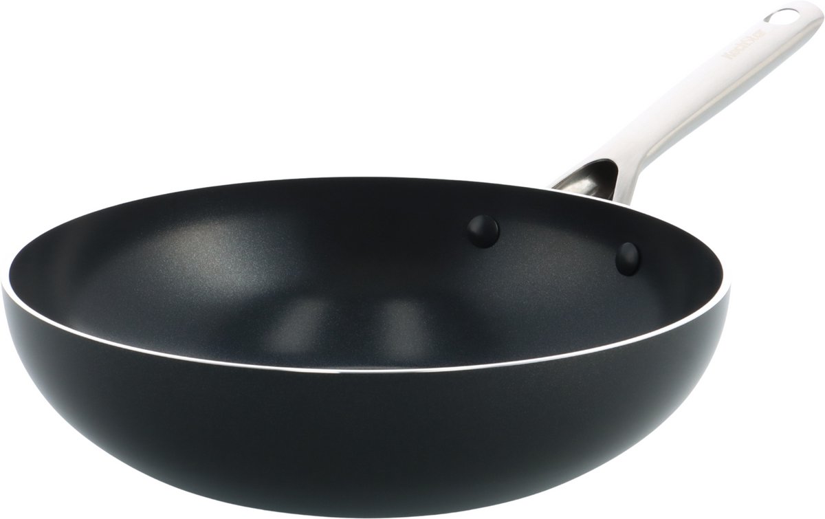 Kochstar Nacht Keramische Wokpan zonder deksel - 28cm - 3.69L - PFAS-vrij - Inductie wokpan - Inductie pan - Vaatwasserbestendig - Ovenbestendig tot 200° C - Keramische anti-aanbaklaag - RVS handgreep - RVS rand - Zwart