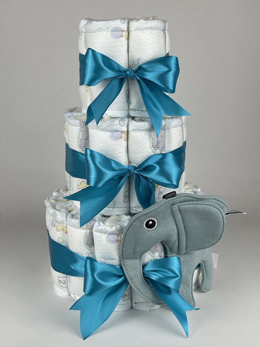 Chouette-Chouette | Luiertaart Neutraal | Kraamcadeau | Geboorte Jongen Meisje | Babyshower | Knuffeldoek Olifant Ollie Stone groen - Petrol