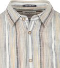 Close-up van de kraag en knopen van een beige linnen mix blouse met verticale strepen. Op de kraag zit een label met 'THE DUTCH CLOTHING COMPANY' en 'NO EXCESS'.