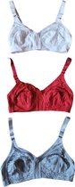 Dames - BH - Set van 3 - Zonder Beugel - Kleur Rood/Wit/Grijs - Met verstelbare bandjes - Met kant - 85C