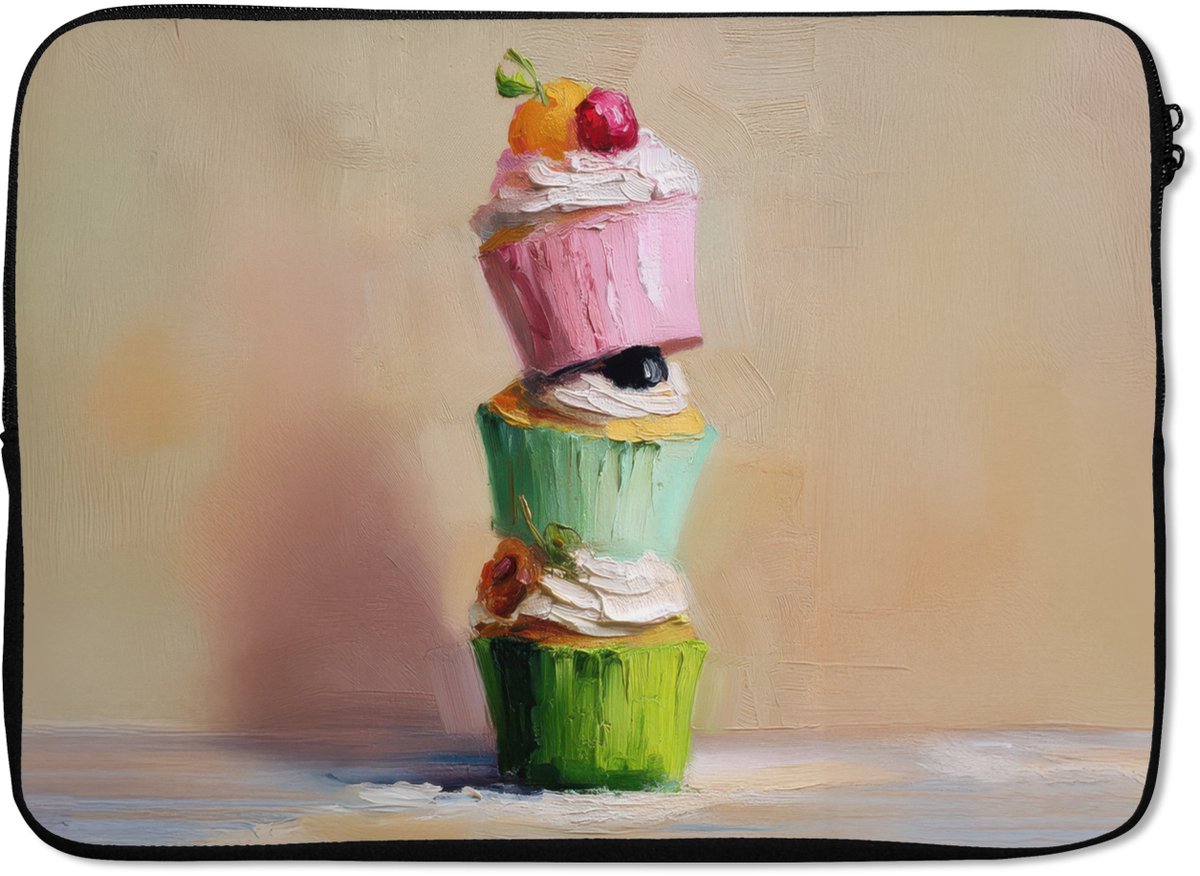 Laptophoes 13 inch - Cupcakes - Gestapeld - Kleurrijk - Fruit - Laptop sleeve - Binnenmaat 32x22,5 cm - Zwarte achterkant