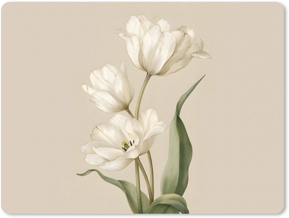 Muismat 23x19 cm - Mousepad Tulpen - Wit - Bladeren - Muismatten
