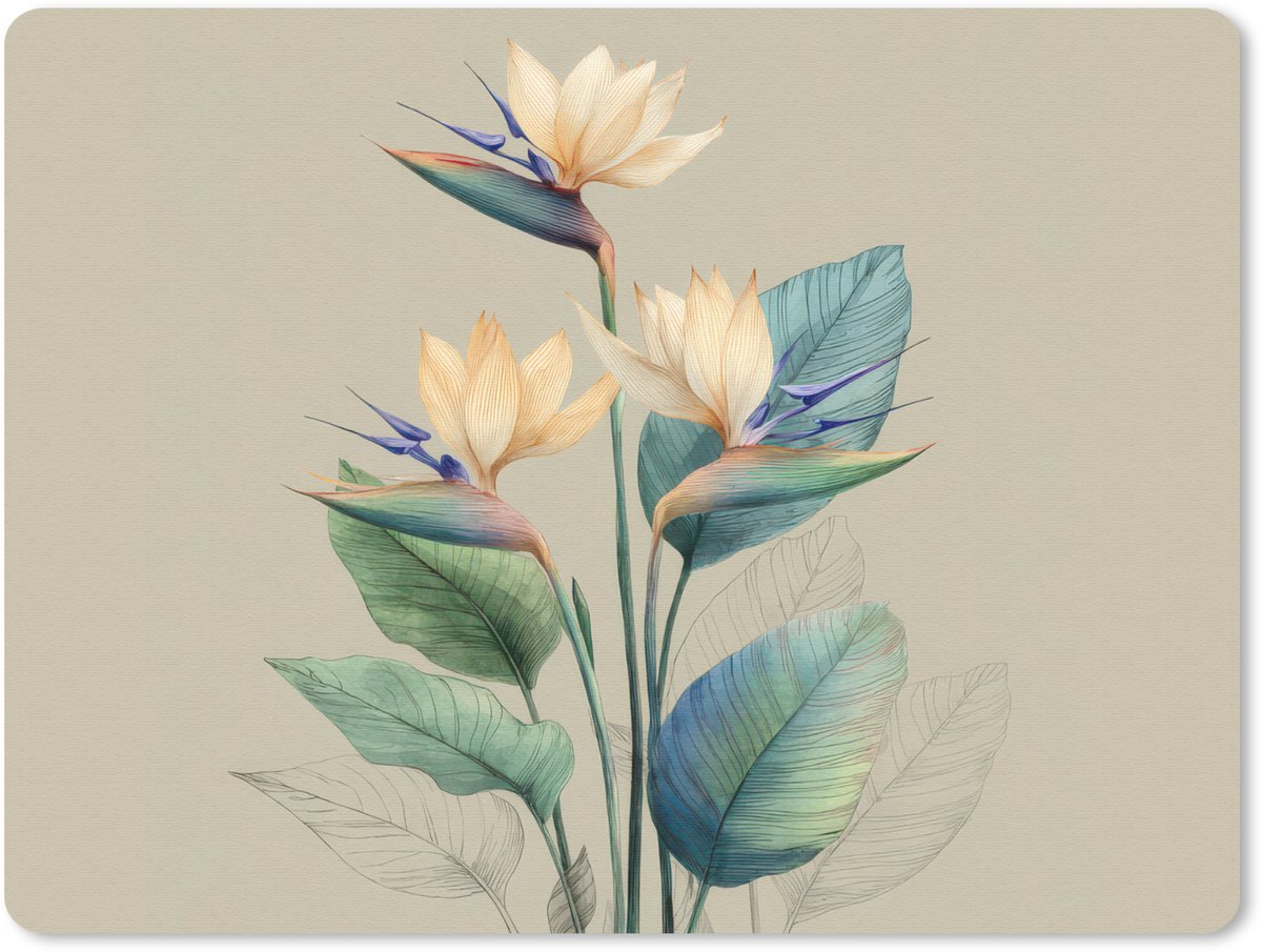 Muismat 23x19 cm - Mousepad Paradijsvogelbloemen - Blauwgroene bladeren - Beige - Muismatten