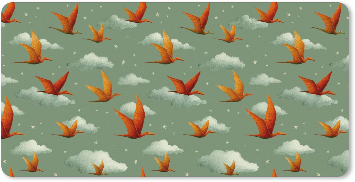 Muismat XXL 90x45 cm - Bureau onderlegger - Bureau mat Dinosaurussen - Wolken - Sterren - Oranje - Bureaumat - Gaming mousepad xl - Bureaulegger groot - Computer deskmat
