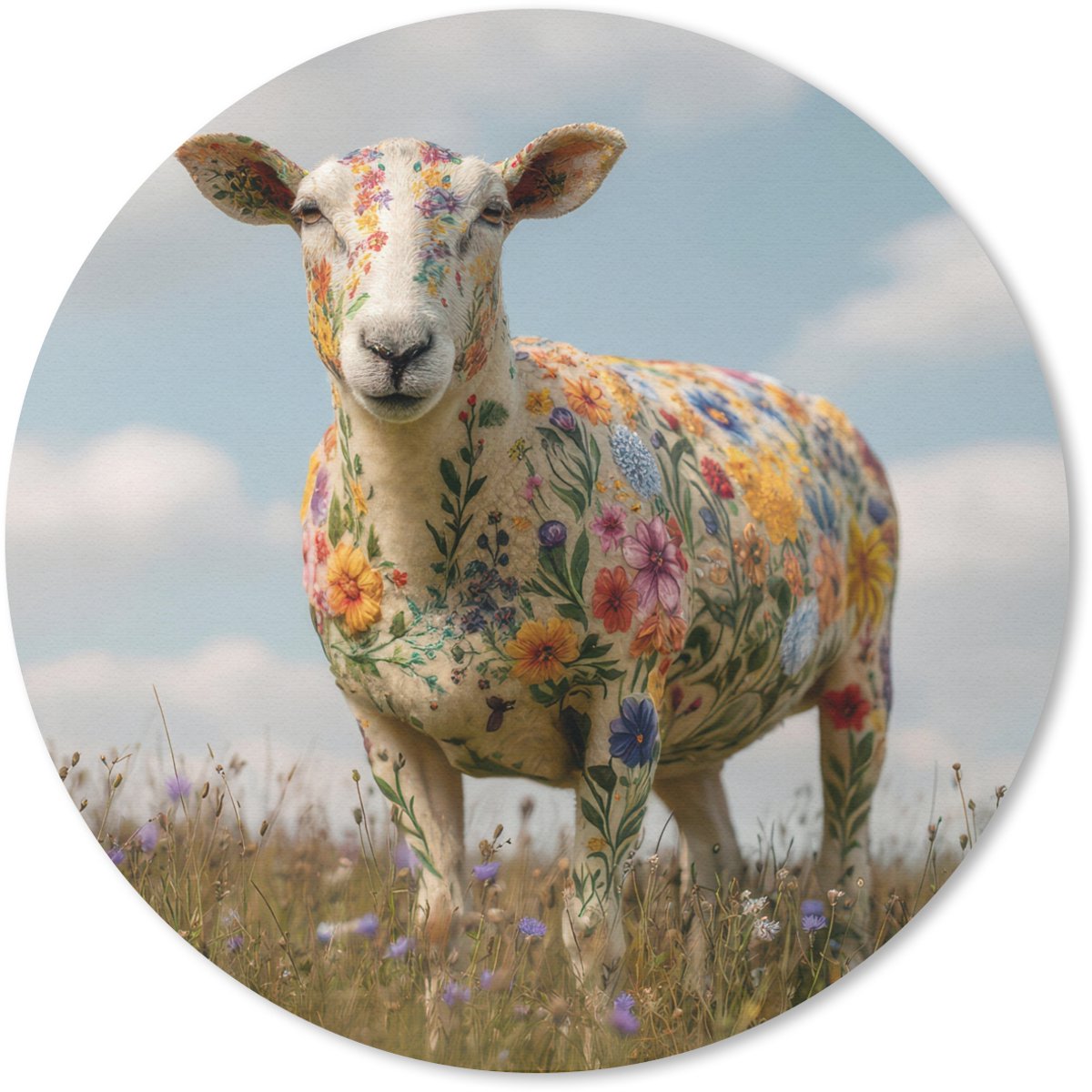 Muismat rond 20x20 cm - Mousepad Schaap - Bloemen - Weide - Ronde muismatten
