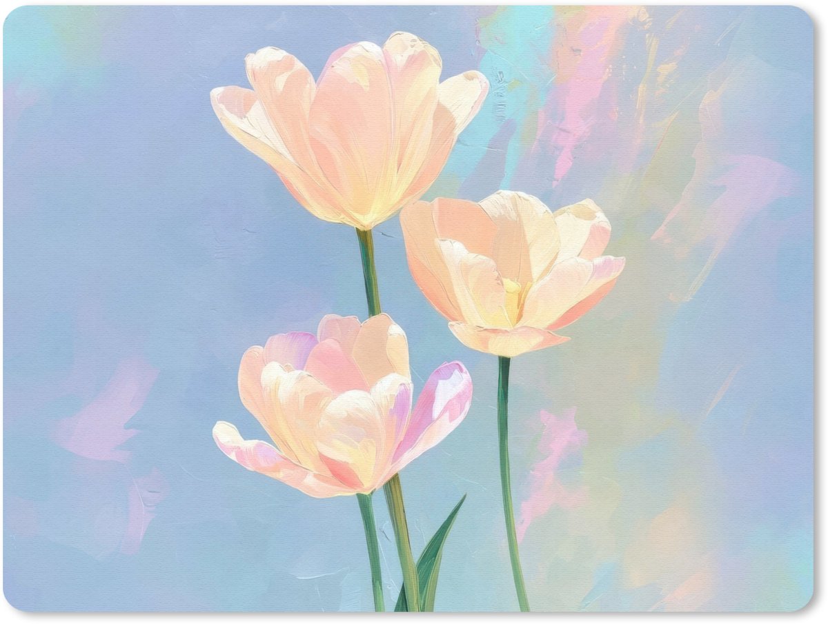 Muismat 23x19 cm - Mousepad Tulpen - Roze accenten - Blauw - Muismatten