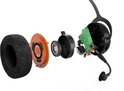 Gedemonteerde headset: oorkussen, driver, behuizing en printplaat met microfoon.
