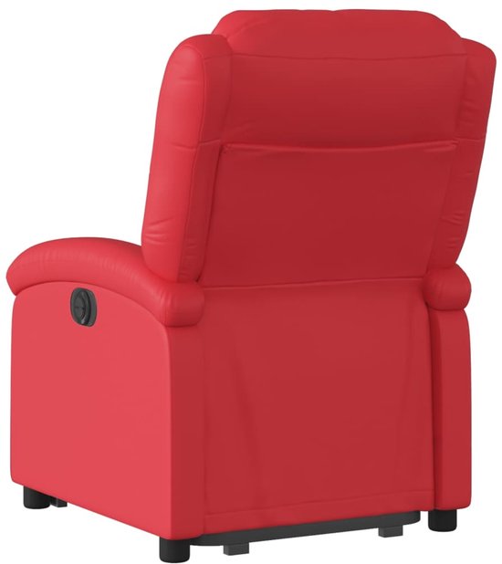 Achterkant van een rode fauteuil met zwarte hendel.
