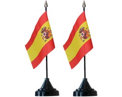Vlag Spanje tafelvlaggetjes - 2x stuks - 10 x 15 cm vlag - zwarte standaard - Supporters - Versiering - Sport - Fans - Spain
