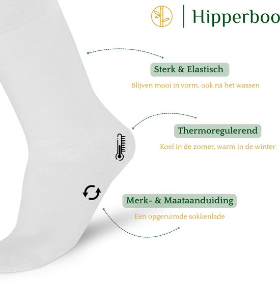 Een witte Hipperboo bamboesok met icoontjes die sterk, elastisch, thermoregulerend en merk- & maataanduiding aanduiden.