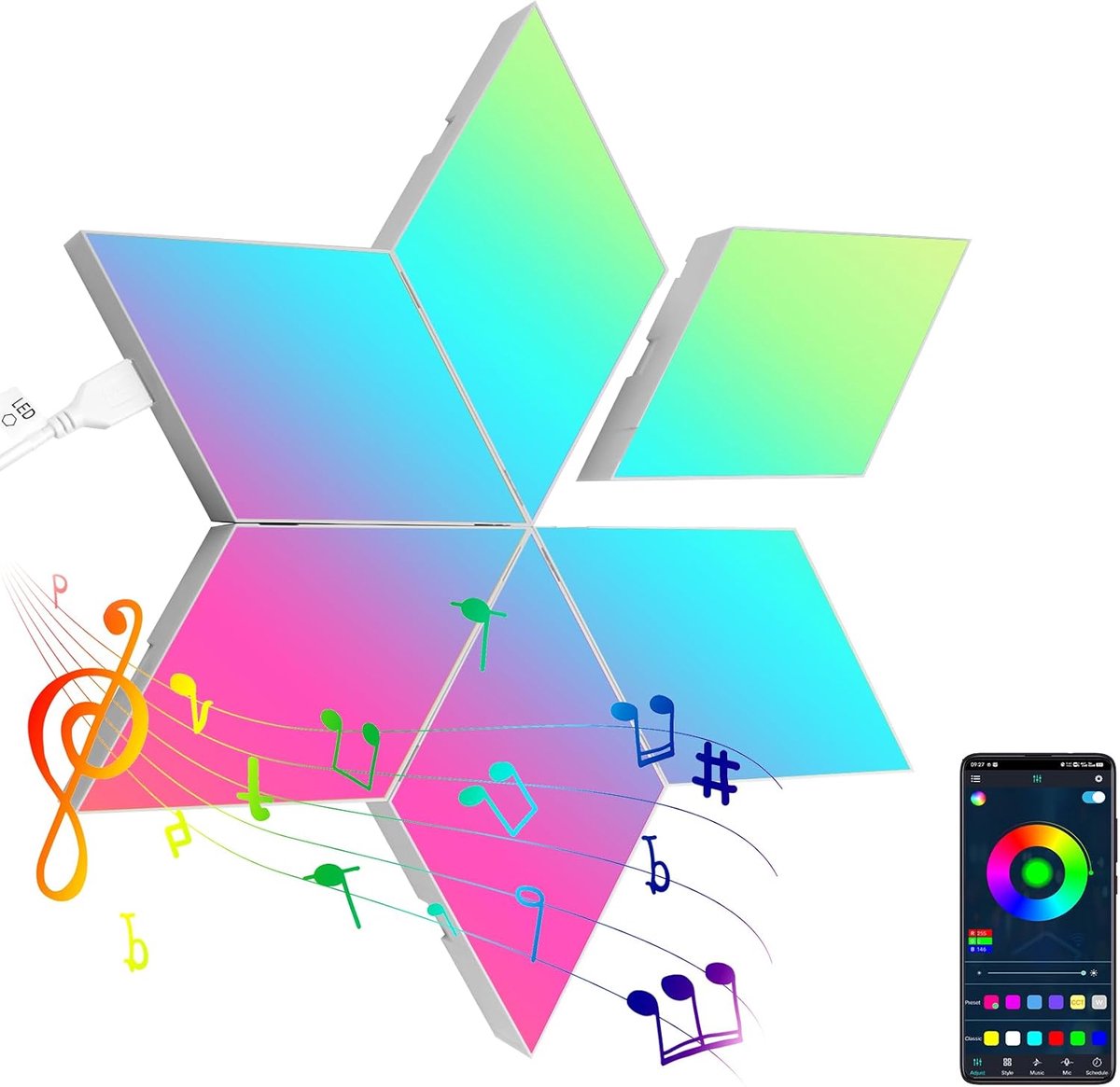Modulaire LED-paneel wandlamp voor gaming - 6 stuks, RGB, muziek synchronisatie, app en afstandsbediening