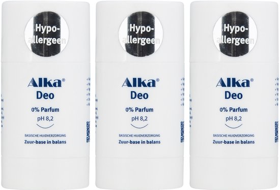 Drie witte Alka Deo sticks met 'Hypo-allergeen' en '0% Parfum pH 8,2' op de voorkant.