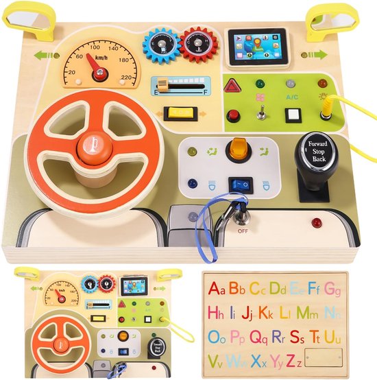 Thinkaroo Busy Board Montessori speelgoed, activiteitenbord, houten speelgoed met gesimuleerd dashboard en led-lichtschakelaar, sensorisch speelgoed, motoriekspeelgoed voor jongens en meisjes van 1