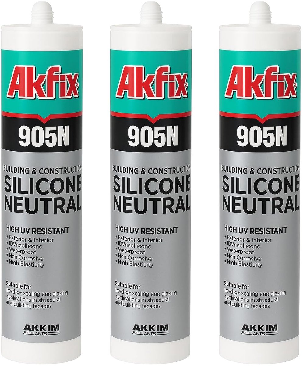 AKFIX 905N x 3 Stuks ,Neutrale siliconenkit transparant – UV-bestendig, schimmelwerend, waterdicht – afdichtmiddel voor badkamer, keuken, ramen en bouwtoepassingen – 310 ml