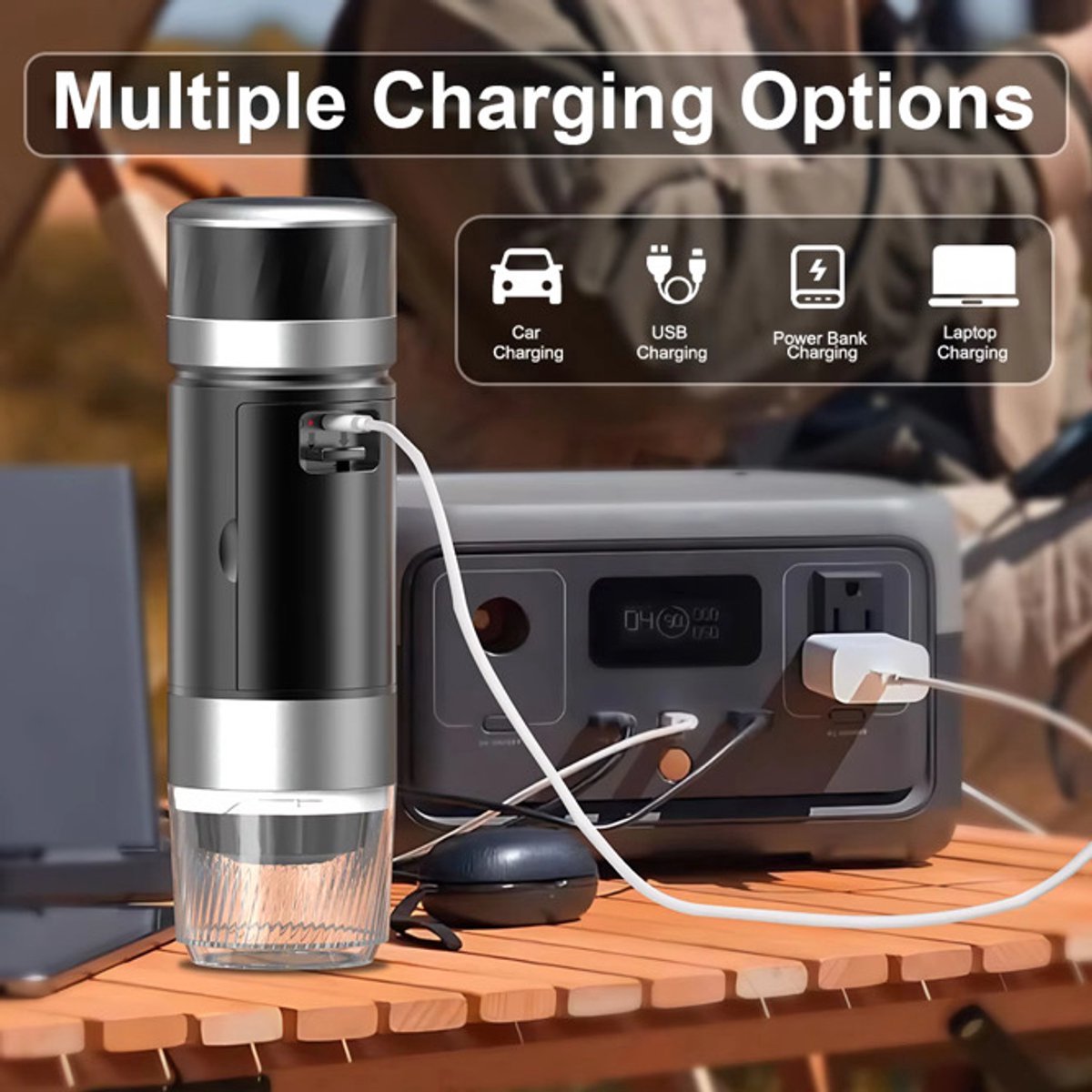 Lordani Draagbaar Koffieapparaat voor Onderweg | Inclusief Tas | Digitale Display | 60ml | 12 Volt | Espresso | Nespresso | Dolce Gusto | Capsule Koffie | Gemalen Koffie | Cups | Oplaadbaar | Draagbare Koffiemachine | Zwart&Zilver — afbeelding 2