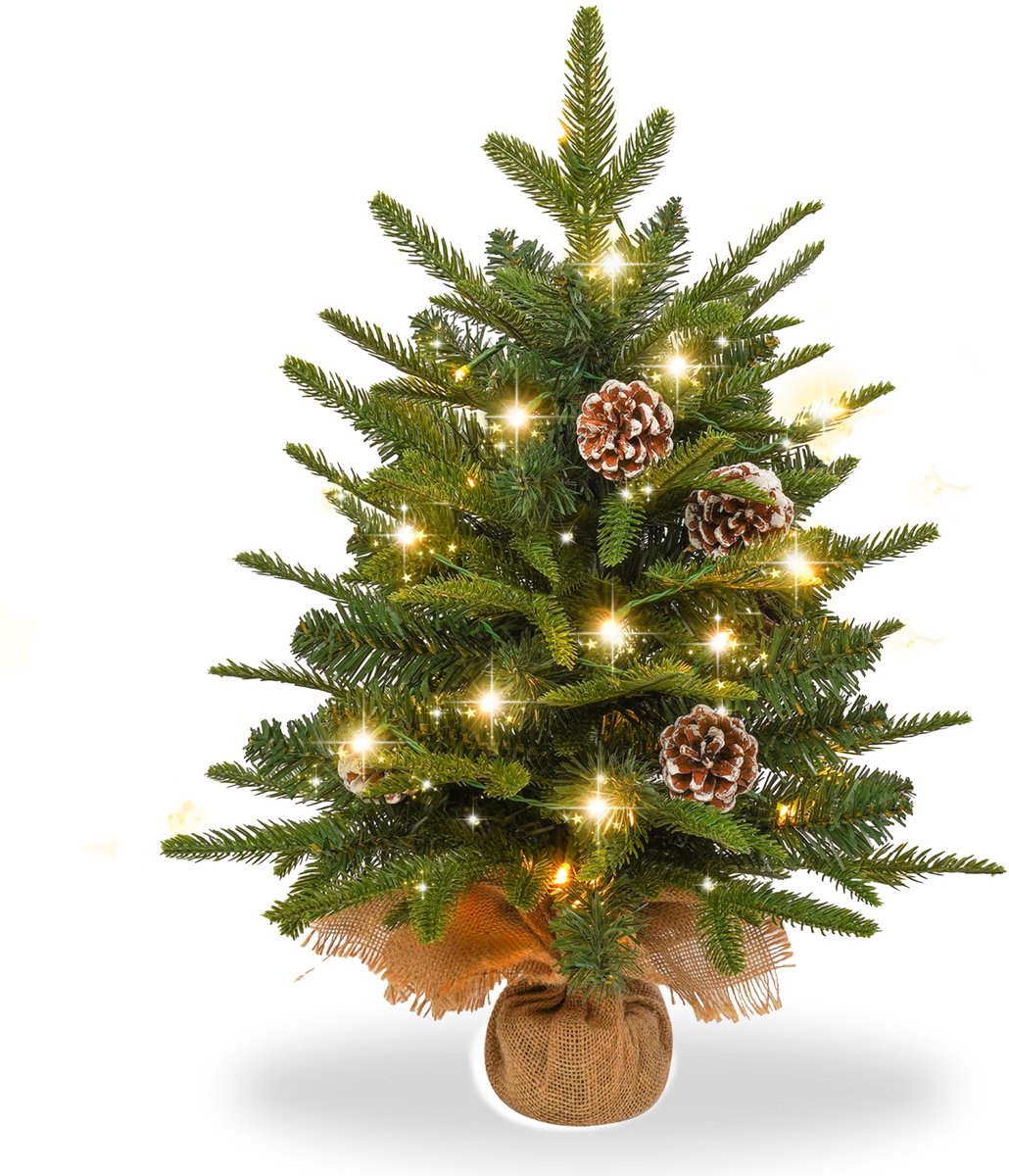 Aufun 60 cm Kunstkerstboom Tafelkerstboom Kleine kerstboom Dennenboom Kerstdecoratie Boom met LED-lichtketting met batterijdoos en voet (Dennenappels, PVC+PE)