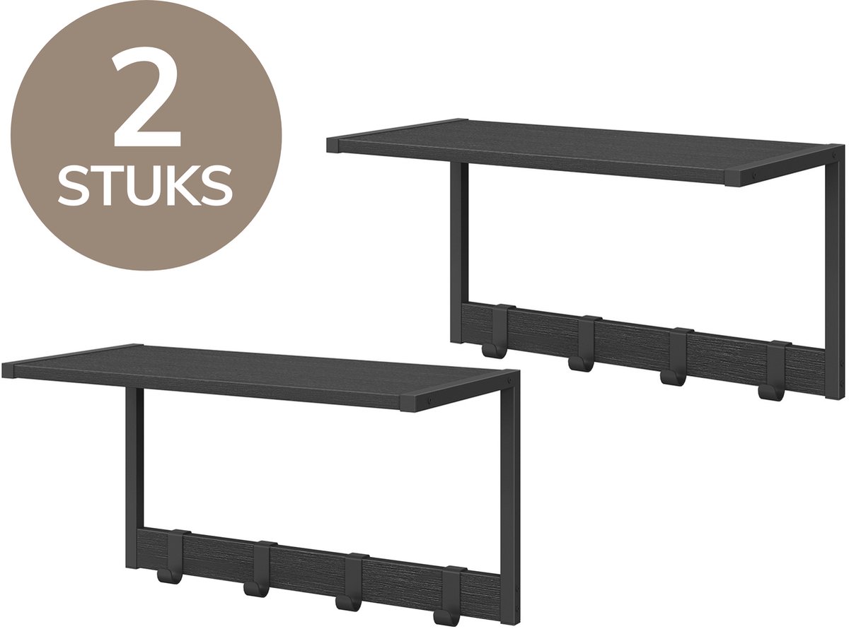 Acaza Kapstok - Wandkapstok - Wandplank - Wandrek - Set van 2 - Verwijderbare Haken - 50 x 24 x 26.5 cm - Zwart