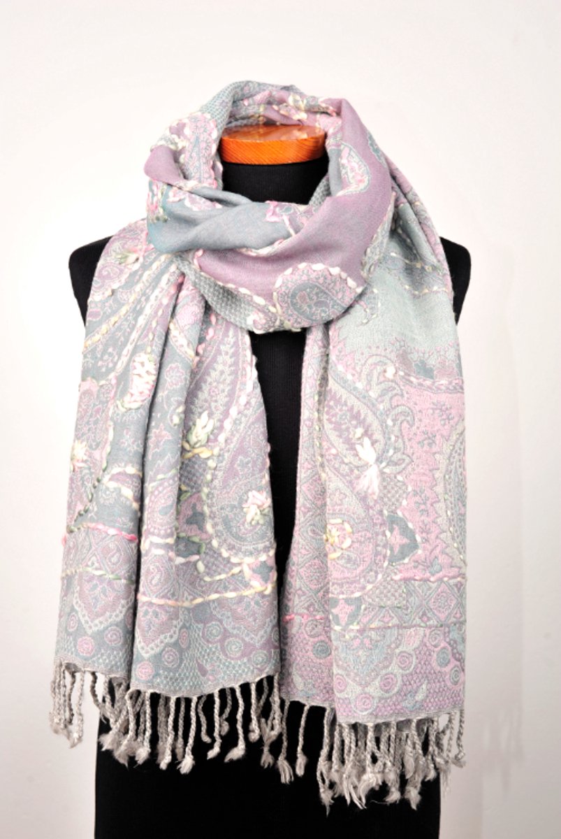 Wollen geborduurde sjaal en omslagdoek Roze-Mint, Merino wol, 72 * 190 cm