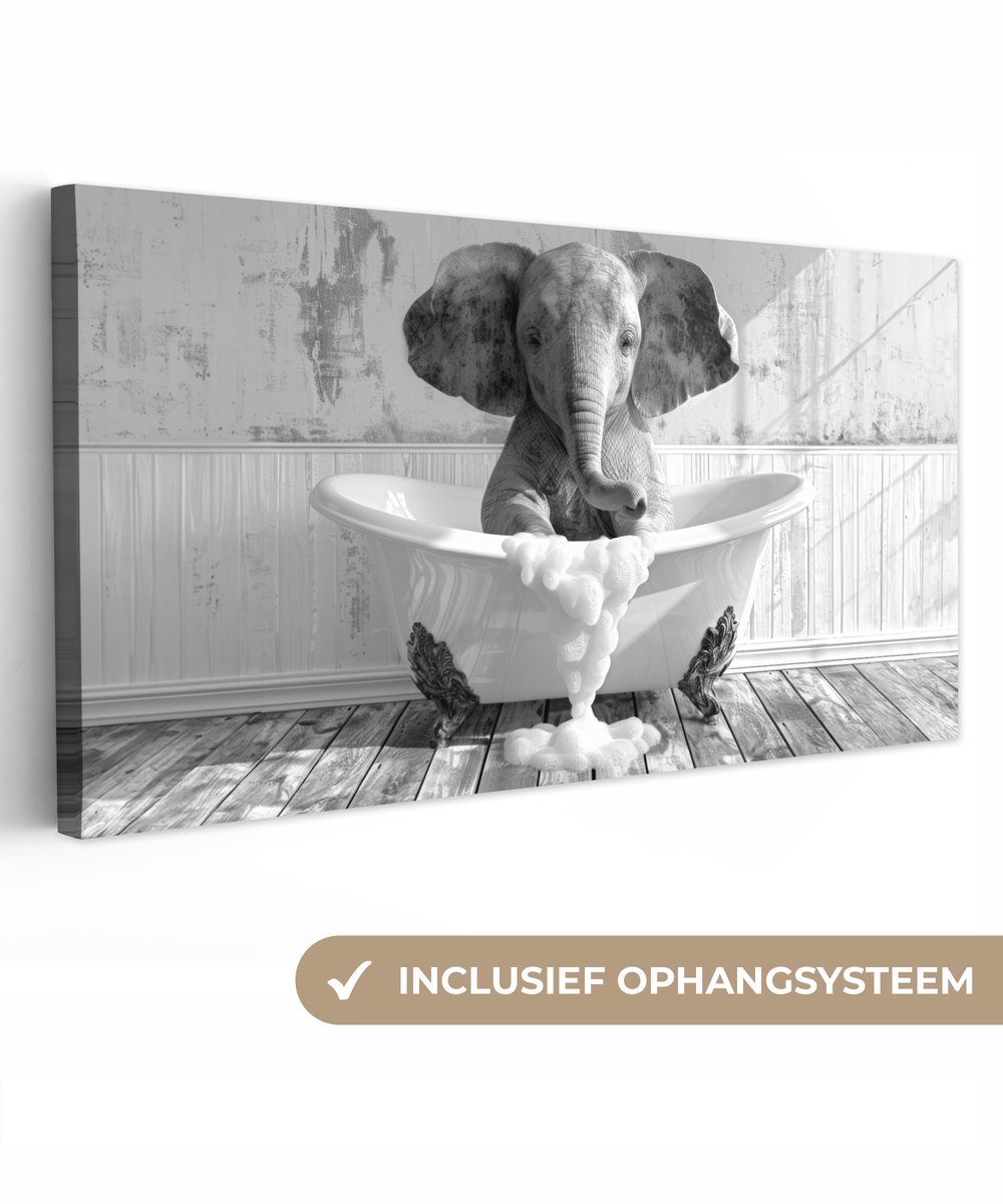 Canvas schilderij 80x40 cm - Wanddecoratie badkamer Olifant - Vintage - Dieren - Zwart - W