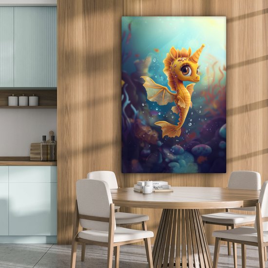 Tableau sur toile 80x120 cm - Décoration murale chambre d'enfant Hippocampe - Sous-marin - Animaux aquatiques - Océan - Décoration murale chambre bébé - Décoration chambre garçon et fille - Accessoires Bébé - Peintures