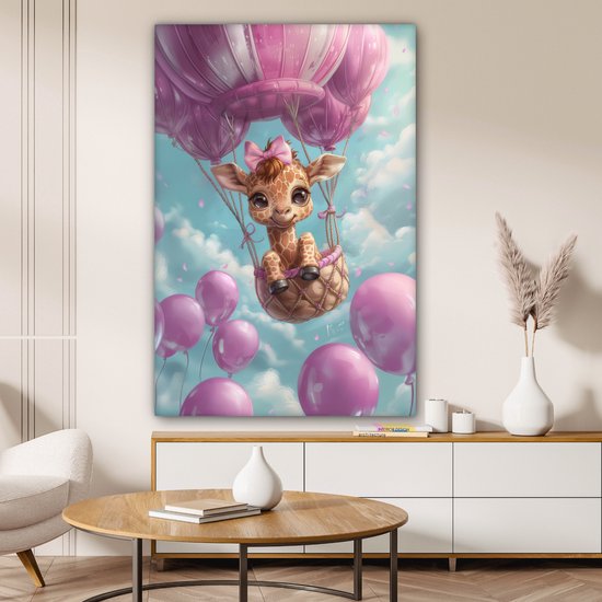 Peinture sur toile 80x120 cm - Décoration murale chambre enfant Montgolfière - Girafe - Ballon - Nuages ​​- Violet - Décoration murale murale chambre bébé - Décoration chambre garçon et fille - Accessoires Bébé - Peintures