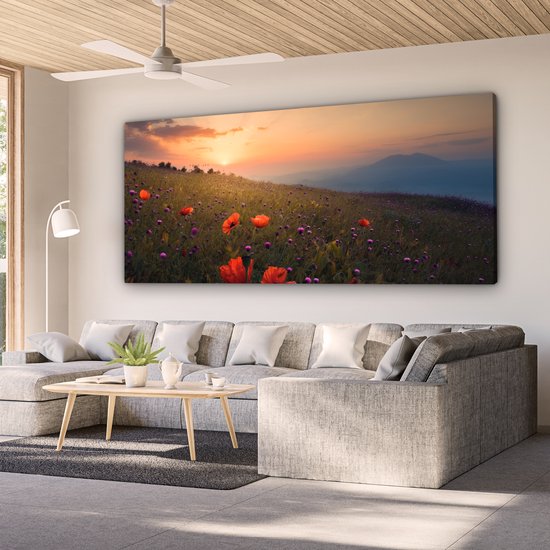 Canvas schilderij 200x100 cm - Wanddecoratie Bloemenveld - Gras - Bloemen - Planten - Zonsondergang - Oranje - Muurdecoratie woonkamer - Slaapkamer decoratie - Kamer accessoires - Schilderijen op canvas