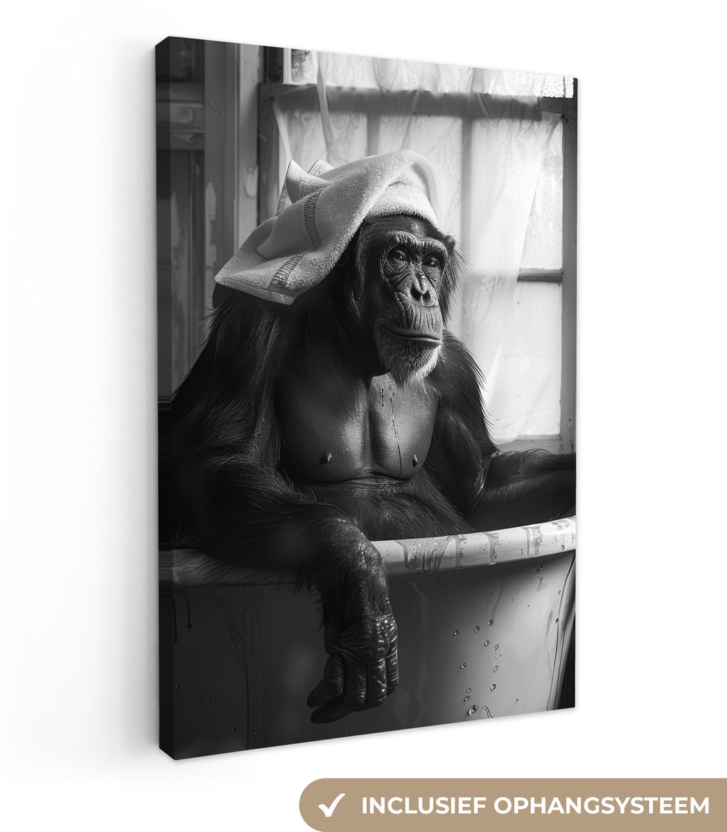 Canvas schilderij 40x60 cm - Wanddecoratie badkamer Aap - Dier - Bad - Zwart - Wit - Humor