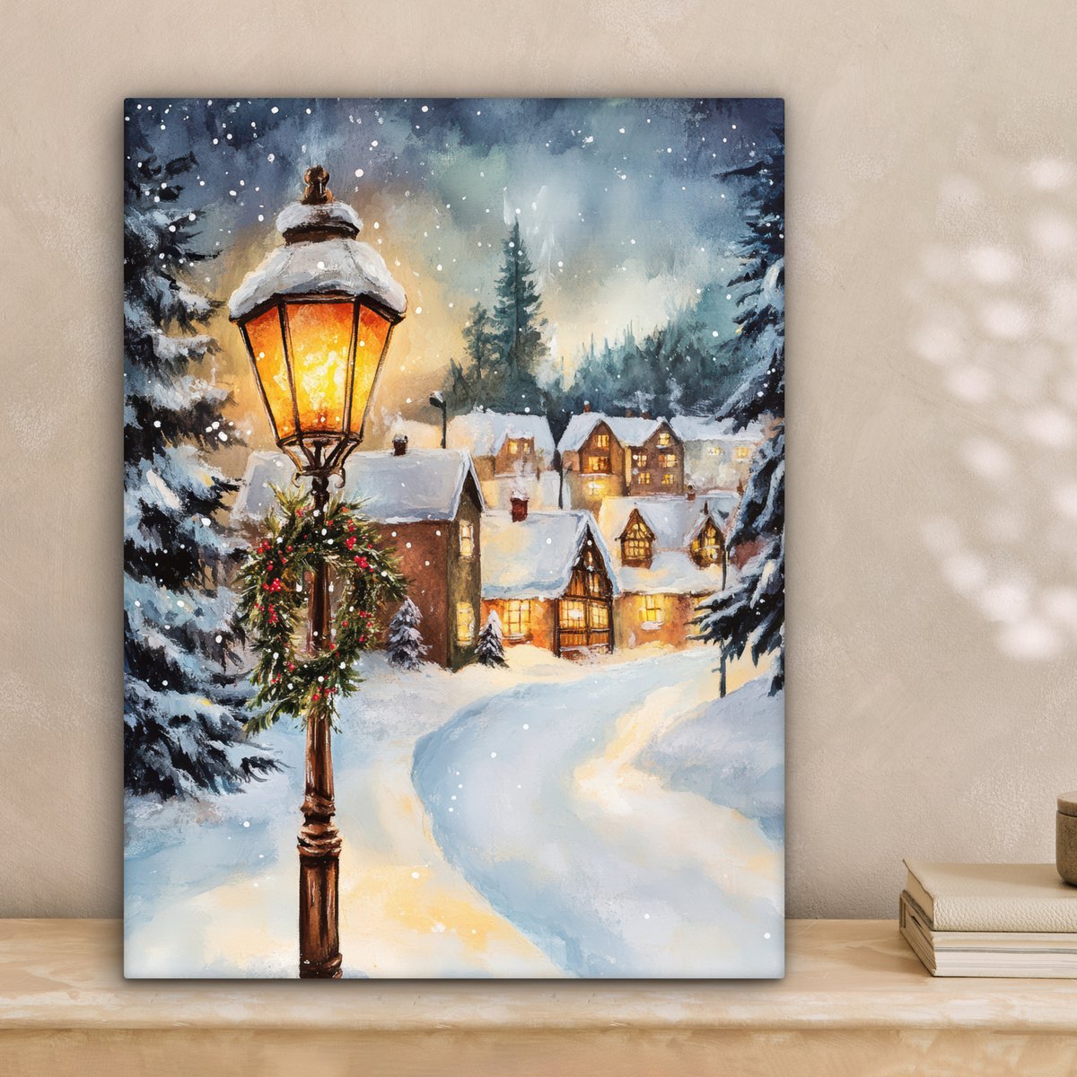 Canvas schilderij 30x40 cm - Wanddecoratie Kerstdorp - Huizen - Sneeuw - Kerst - Muurdecoratie woonkamer - Slaapkamer decoratie - Kamer accessoires - Schilderijen op canvas - Kerstdecoratie voor binnen - Kerstversiering - Kerstmis versiering – foto 4