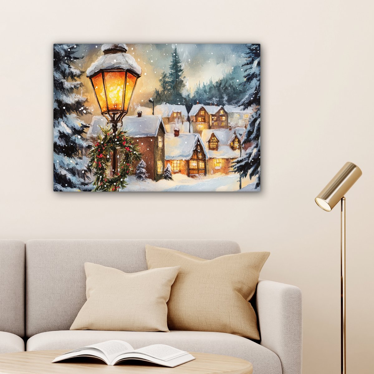 Canvas schilderij 80x60 cm - Wanddecoratie Kerstdorp - Huizen - Sneeuw - Kerst - Muurdecoratie woonkamer - Slaapkamer decoratie - Kamer accessoires - Schilderijen op canvas - Kerstdecoratie voor binnen - Kerstversiering - Kerstmis versiering – foto 2