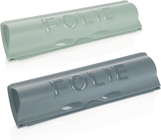 Twee dispensers met de tekst 'FOLIE' erop, één lichtgroen en één grijs.