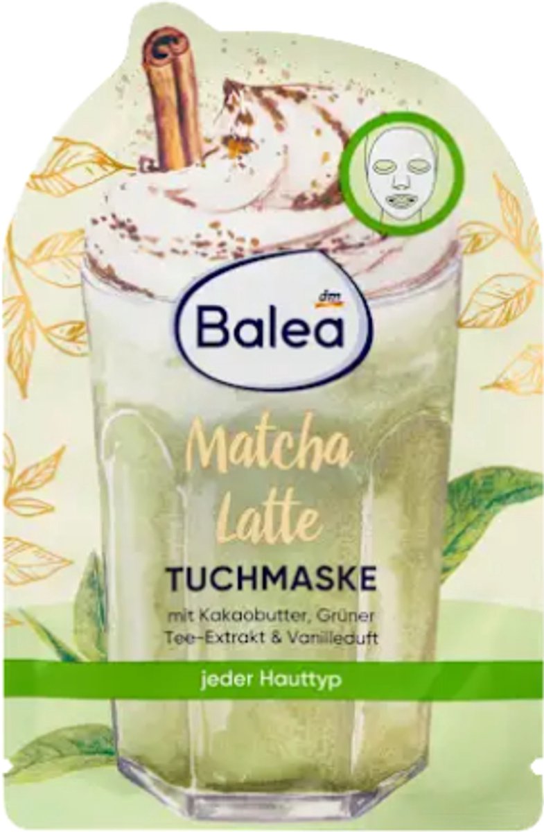 Balea Gezichtsmasker Matcha Latte | 1 stuk - Groene thee-extract, Vanille & Kakoaboter | Zijdezacht doekje voor optimaal comfort - Limited Edition