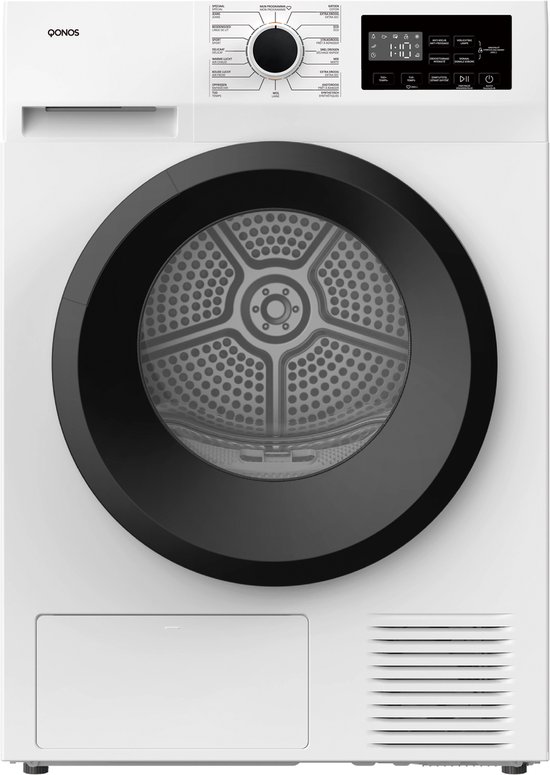 Qonos Warmtepompdroogkast DR1098435– 8kg – Energieklasse E – 16 Programma’s – Stil & Efficiënt – Roestvrijstalen Trommel – Zwarte Deur