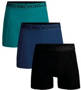 Drie Muchachomalo boxershorts op een rij: turquoise, donkerblauw en zwart, elk met zwarte band.