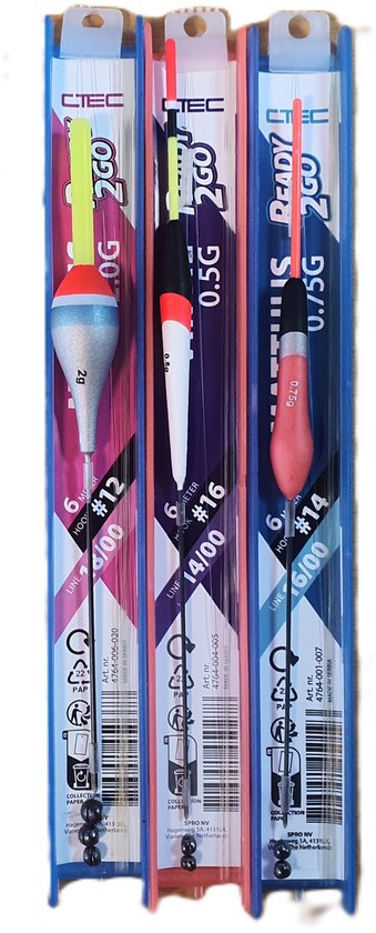 Drie C-TEC "2GO" dobbers: 0.5G, 0.75G en een rode/zilveren 2G dobber met haakmaat #12, #14 en #16.
