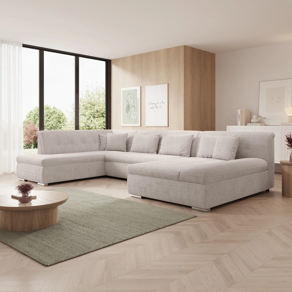 Meubella - Alberta XL - Hoekbank 5-zits met slaapfunctie - Beige - Ribstof - Rechts