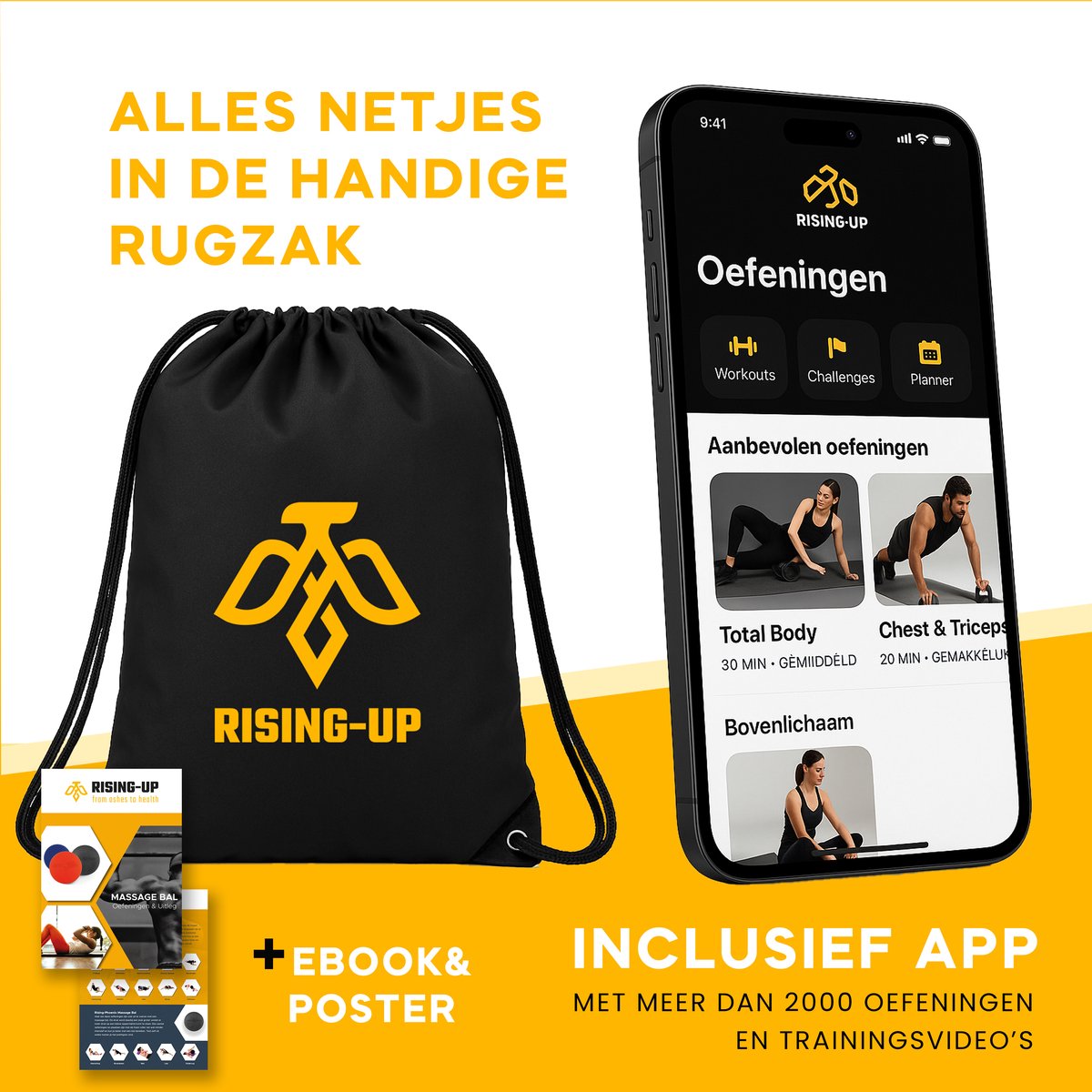 Rising Up Foamroller Pro Set 6 delig – Grid & Gladde Foamroller, Peanut Roller, Massagebal, Kuitroller, Weerstandsband + Rugzak & Gratis Trainingsapp + E-books thumbnail 3