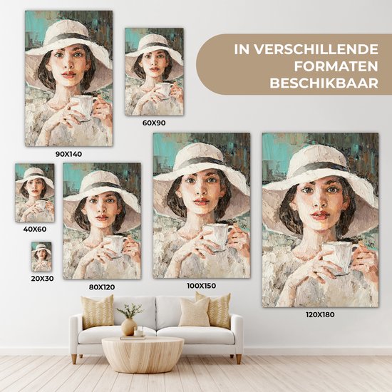 Tableau Tableau - Femme - Peinture à l'Huile - Chapeau - Café - 60x90 cm - Décoration murale