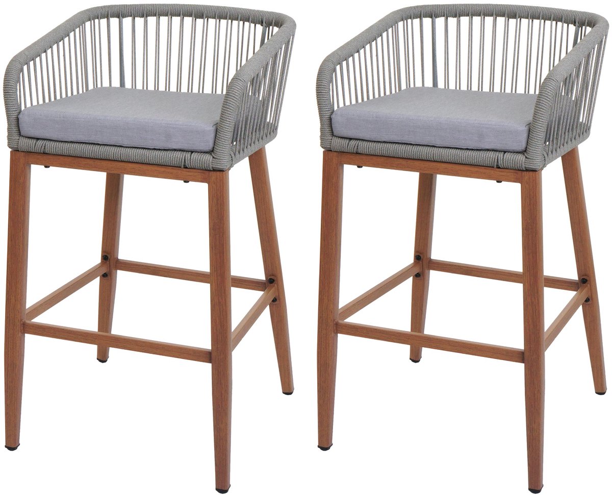 Set van 2 Touw barkrukken MCW-O22, buiten zitkussen touw vlechtwerk metaal hout-look ~ lichtgrijs, kussen lichtgrijs