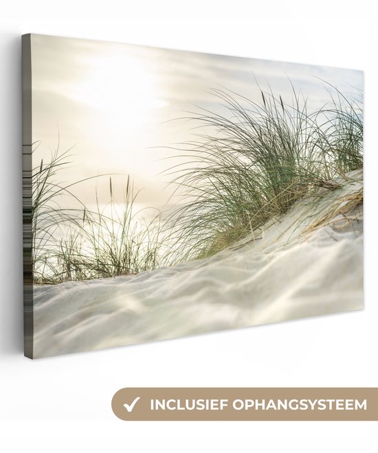 Une peinture de dunes ensoleillées avec de l'herbe de plage, avec une indication 'système de suspension inclus'.
