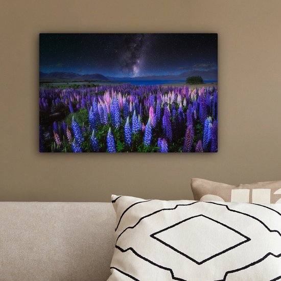 Champ de fleurs avec des lupins violets et bleus la nuit au lac Tekapo en Nouvelle-Zélande 30x20 cm - petit - Tirage photo sur toile (Décoration murale salon / chambre) / Peintures Fleurs sur toile