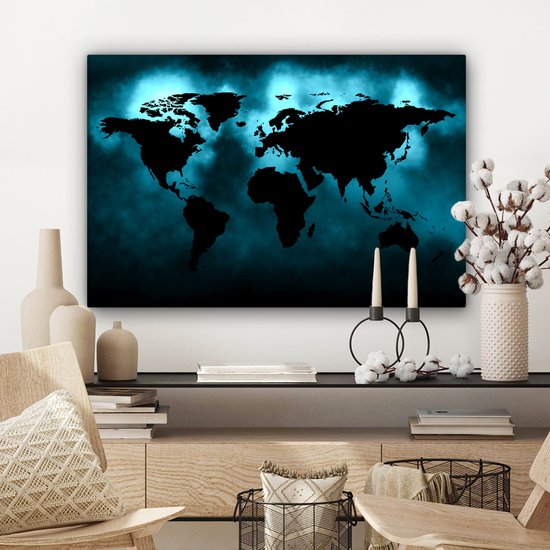 Carte du monde noire sur fond sombre aux couleurs bleues 90x60 cm