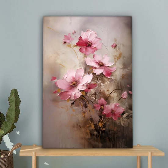 Abstract schilderij met roze bloemen op een taupe achtergrond.