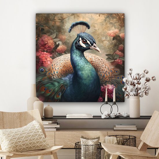 Tableau sur toile Paon - Vogel - Fleurs - Plantes - Plumes de Paon - 90x90 cm - Décoration murale