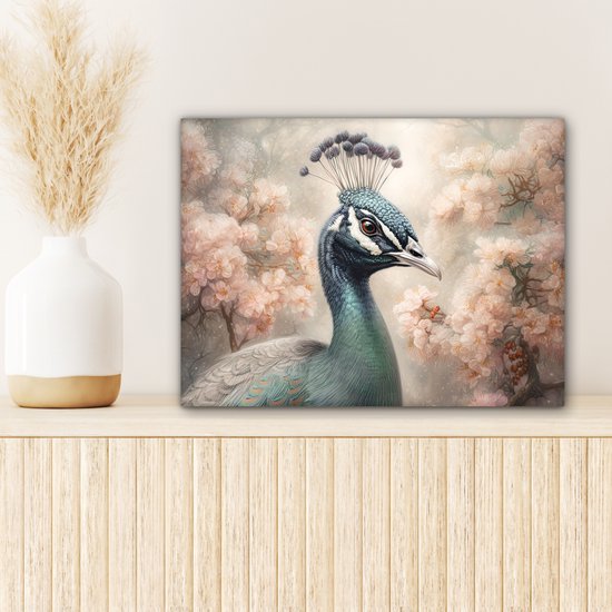 Tableau sur toile Paon - Vogels - Fleurs - Arbre - Botanique - 40x30 cm - Décoration murale